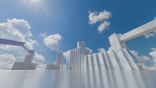 3d render of futuristic achitecture with blue sky and clouds