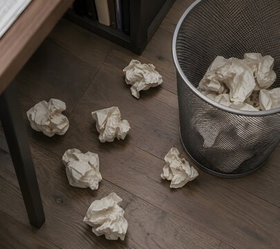 Crumpled balls of blank paper strewn beside a wire wastebasket on office floorboards