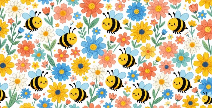Cute cartoon bees fly around colorful flowers in seamless pattern. Happy insects pollinate spring blossoms in summer garden. Vibrant floral background for kids textile print, nursery wallpaper