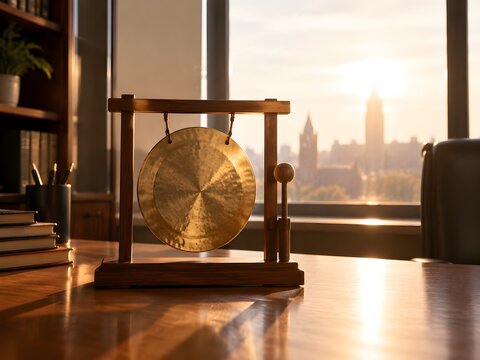 Small hammered brass gong disc on a wooden base in a lecturer office
