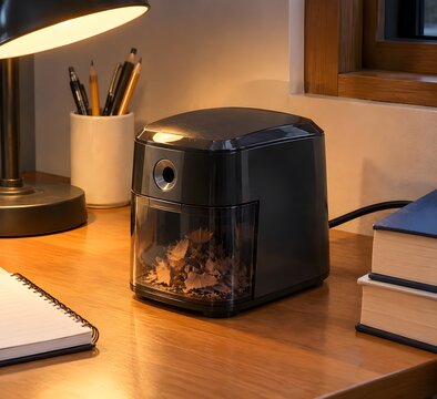 Small electric pencil sharpener on the corner of a teacher desk in dark plastic under warm lamplight