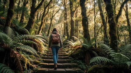 Obraz premium Solo female hiker climbs stone stairs in rich green forest. Woman with backpack walks up trail through fern plants, tall trees. Adventure trek in wild nature landscape with sunlight filtering through