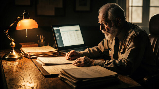 Senior retired parole officer works alone at dark oak desk. Man reviews digital data on laptop, paper case files under warm lamp light. Serious pro analyzes crime assessment dashboard in quiet dim