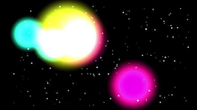 Abstract bokeh light particles background, glowing colorful lens flare overlay, bright neon bokeh spangles on black background