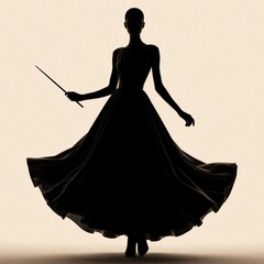 Obraz premium Elegant woman silhouette wears long flowing evening gown. Female figure holds magic wand against beige background. Mystical fairy tale lady poses with glamour style. Fantasy concept of chic haute