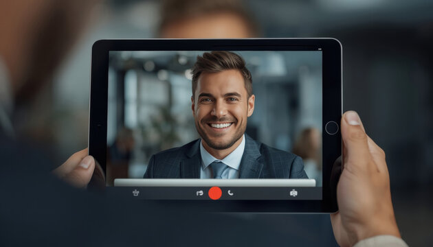 Hands holding tablet showing smiling businessman in suit during video call interface on screen