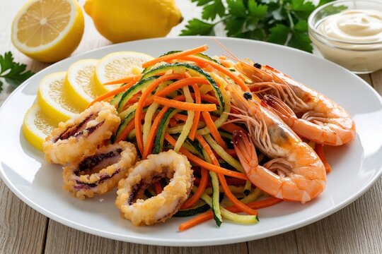 Fried seafood platter with shrimp, calamari rings, julienne vegetables on white plate. Crispy tempura prawns, squid served with lemon slices. Mediterranean meal with fresh vegetables, dipping sauce