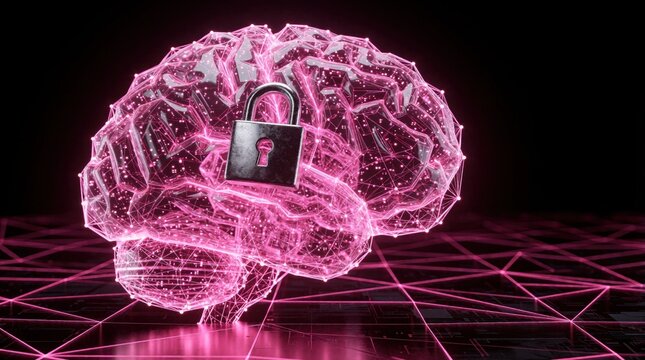 Pink glowing digital brain with metal padlock on dark background. Cyber security concept shows mental protection, data privacy. Human intelligence network with lock symbol represents cognitive
