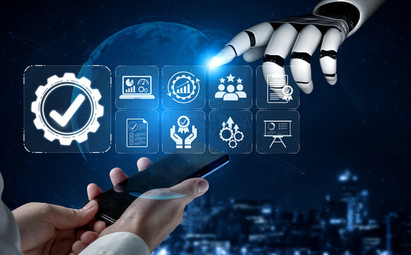 Futuristic Automation Concept with Robot Hand Interacting with Smartphone and Displaying Various Productivity Icons on a Digital Interface Sigmoid