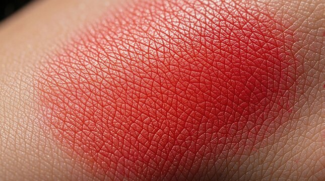 Closeup of painful red sunburn on human skin. Hot summer heat rash with sweat drops, skin texture. Damaged epidermis shows inflammation from ultraviolet rays. Medical dermatology problem after