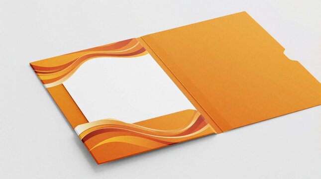 Modern orange folder mockup with wavy abstract design. Open paper stationery displays empty white space for branding. Pro corporate document folder includes side pocket for business presentation