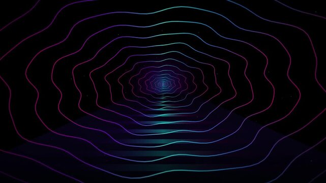 Abstract neon wave tunnel loop background, futuristic colorful line visual effect, dark glowing portal animation