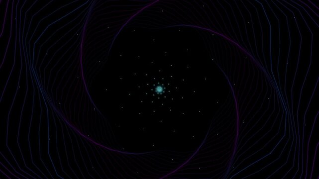 Abstract spiral tunnel motion background, glowing dark blue particles, futuristic digital wave background loop for motion graphics