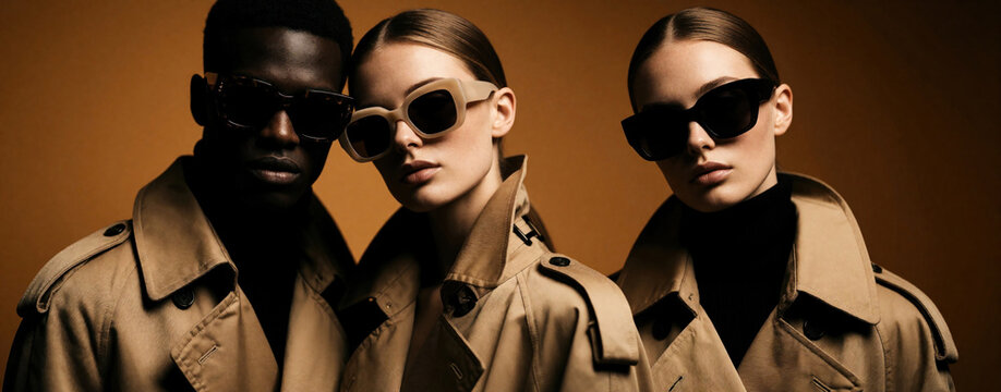 Fashionable black man, white women pose in studio wearing stylish sunglasses, beige trench coats. Diverse multiracial models show luxury fashion style. Trendy trio wears elegant outerwear, chic