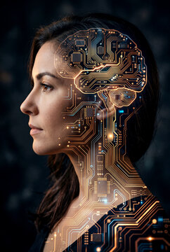 Double exposure woman profile circuit traces human AI integration artistic stock