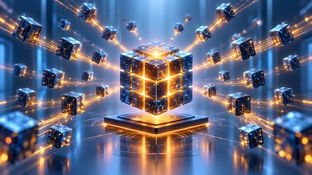 Glowing digital cubes converging from all directions into central block illustrating data aggregation and centralized network system