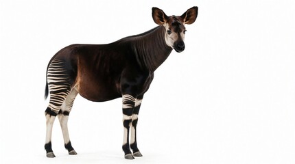 Fototapeta premium Rare okapi stands on white background. Exotic forest animal with brown fur, zebra stripes on legs, neck. Unique mammal looks at camera, showing beautiful pattern. Endangered species from Congo