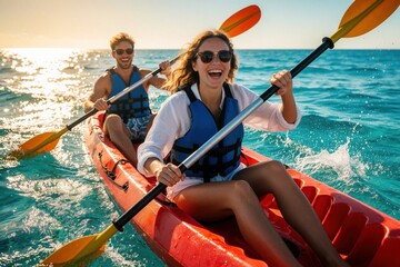 Fototapeta premium Happy young couple goes kayaking on blue ocean water. Man, woman wear life jackets, use paddles to row red kayak. Sunny summer day, tropical sea, adventure trip, outdoor sport, vacation leisure