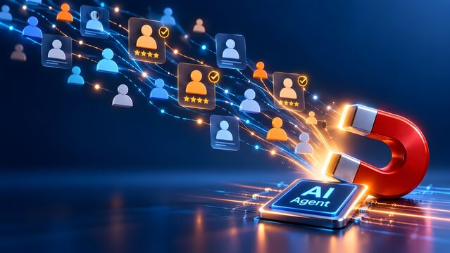 Large magnet on an artificial intelligence agent processor pulling digital user profiles representing automated customer acquisition and targeted marketing