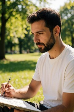 Young male artist sketches caricature on paper notebook in sunny public park. Creative man uses pen for drawing portrait illustration outdoors. Hobbyist enjoys leisure activity in summer plants