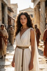 Obraz premium Beautiful young woman wears elegant white ancient greek dress in historical city. Pretty girl with long wavy hair stands among stone ruins, old architecture. People in traditional clothing walk