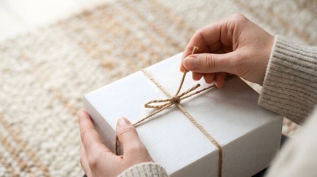 Close up of hands untying twine string bow on white gift box over textured carpet