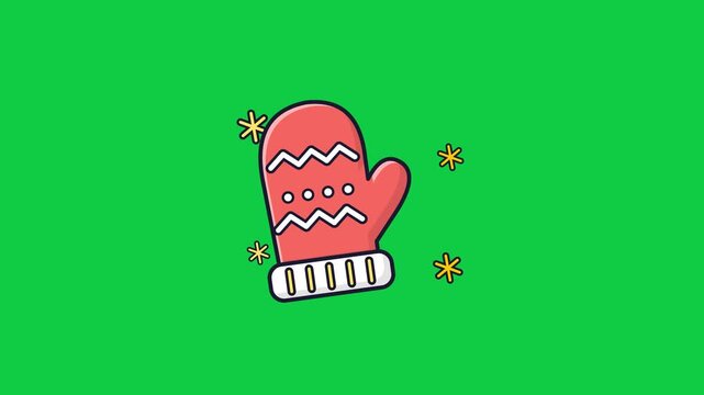 Knitted winter mitten waving cartoon transition on green screen