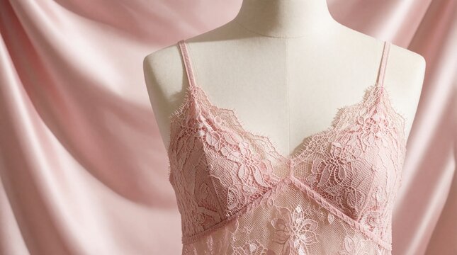 Pink lace camisole on fashion mannequin. Delicate lingerie clothing display in studio setting. Elegant feminine nightwear shown on dummy torso. Luxury silk textile garment for boutique retail bridal