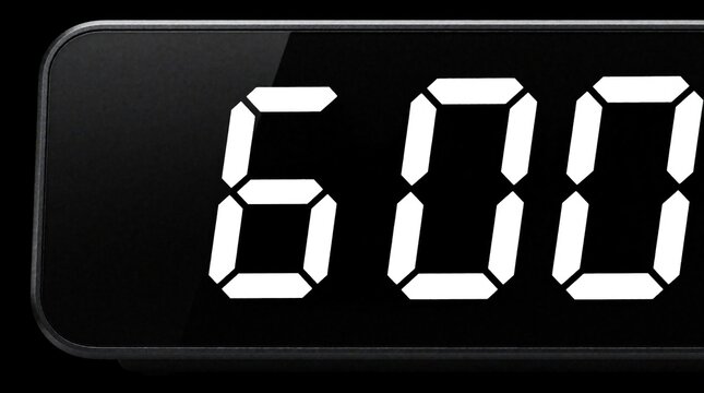 Digital clock shows 6 00 on black background. White LED numbers display early morning time on electronic device. Minimalist alarm clock screen for daily routine, schedule planning, wake up call