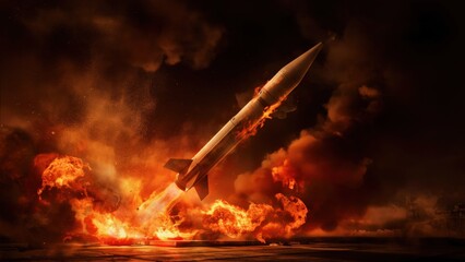 Obraz premium Missile launching with powerful propulsion and fire exploding across the dark ground below.