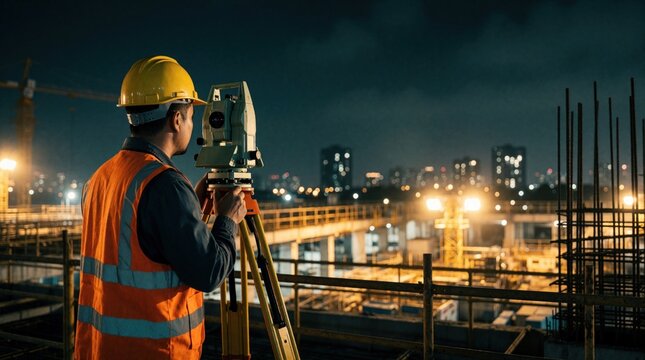 Male construction worker uses total station surveying instrument on tripod at night. Civil engineer works on building site with city skyline in background. Pro surveyor performs precision measurement