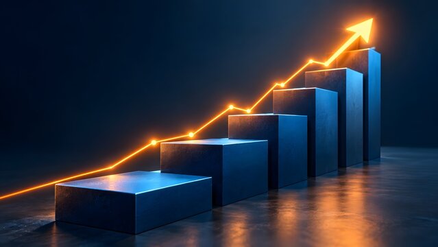 Ascending blue metallic blocks with glowing orange growth arrow representing financial success and rising market trend