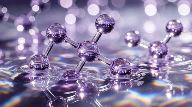 Translucent purple glass molecular structures float on shimmering liquid surface with soft bokeh. Abstract science background shows violet atoms, chemical bonds in water. Futuristic biotech concept