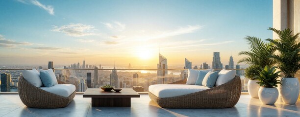 Fototapeta premium Luxury penthouse rooftop terrace with modern lounge furniture, view of city skyline at sunset. Comfortable wicker sofas with white cushions sit on deck near potted green plants. Elegant outdoor