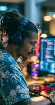 Portrait of a Young Indian Male Software Engineer in Headphones Writing Program Code on a Desktop Computer in a Diverse Office, Developing Applications and Working on Information Technology Projects.