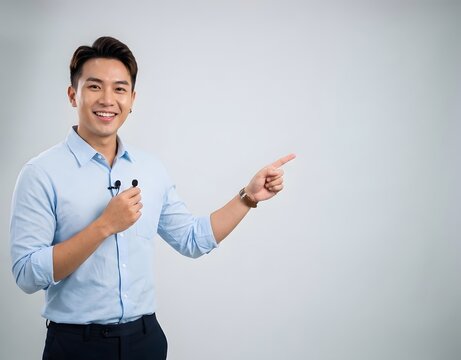 Smiling Asian presenter holding lavalier microphone pointing finger towards copy space on gray background