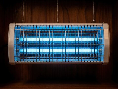 Electric ultraviolet insect killer lamp hangs in dark shop. Blue UV light zapper works as pest control device. Bug trap uses light rays to catch flies, mosquitoes in kitchen restaurant. Industrial