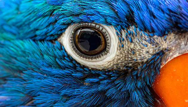 Macro close-up of a colorful bird's eye and vibrant blue feathers with detailed texture, showcasing wildlife photography and natural beauty.