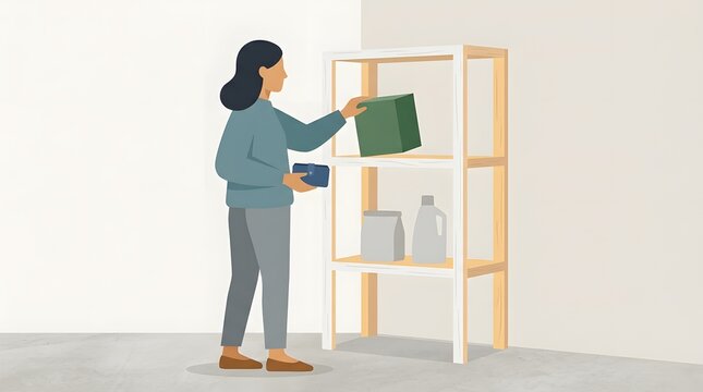 Organizing Home Pantry: A woman tidily places items on a wooden shelf in a home pantry, showcasing decluttering and organization.