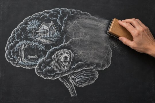 Hand Erasing a Chalk Brain Drawing with Childhood Memories on a Blackboard, Concept of Memory Loss and Dementia