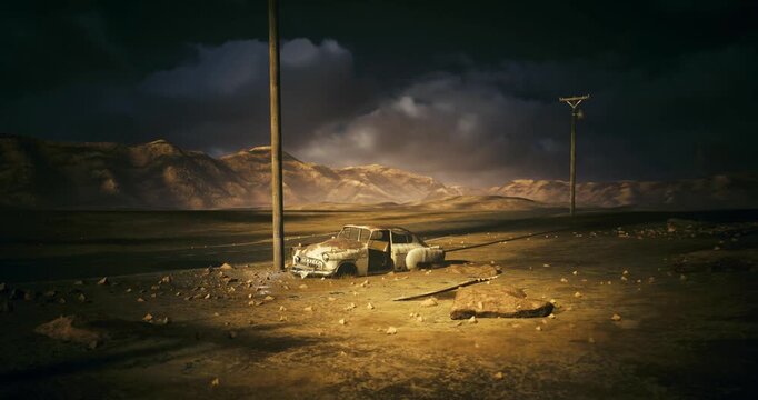 lonely railway siding under stormy sky, freight crates and scattered cargo on gravel beside tracks, distant mountains and telephone pole frame cinematic
