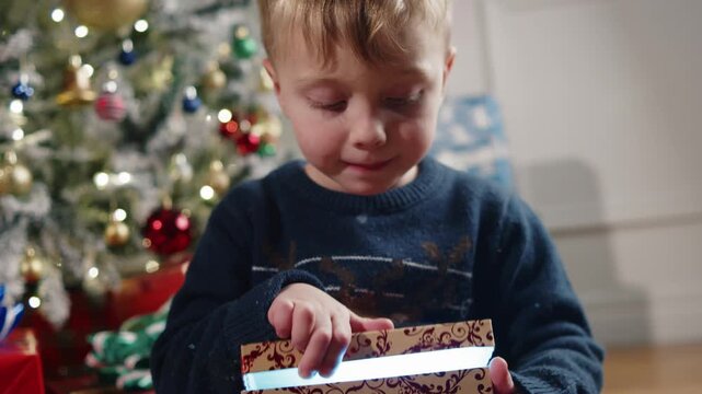 Christmas morning at home with a little boy opening a special present beside the Christmas tree, as a soft golden glow from inside the box illuminates his face and joyful expression.