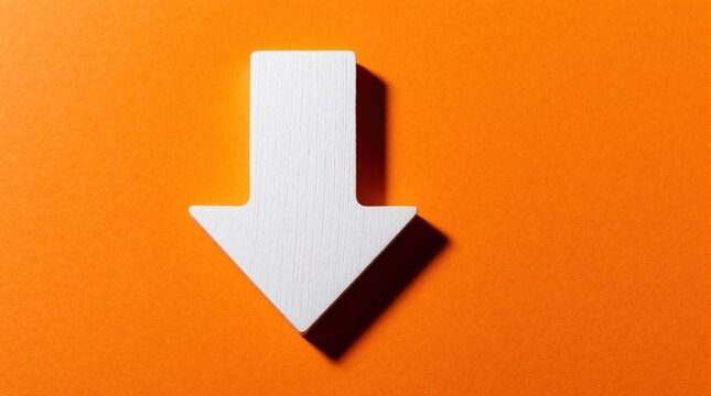 White wooden arrow pointing down on bright orange background. Symbol for market decline, business loss, economic recession. Concept of negative trend, financial crisis, decreasing value, falling