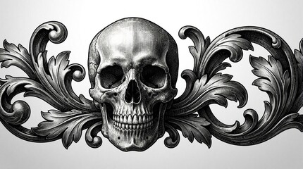 Fototapeta premium Detailed skull engraving with baroque floral ornament. Gothic skeleton head surrounded by decorative acanthus leaves. Vintage black, white art for tattoo design, t shirt print dark aesthetic graphic