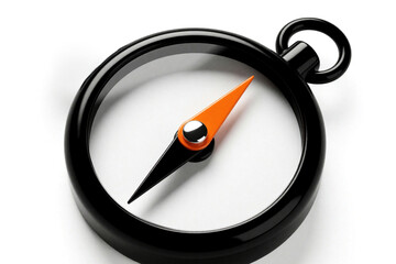 Naklejka premium Macro shot of small navigation compass on white background. Black round frame with orange, black magnetic needle shows direction. Simple tool for travel, hiking, exploration, finding way in