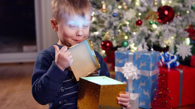 Joyful surprise as a child unwraps a magical gift during the holidays