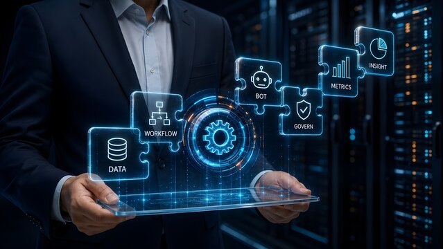 Professional in a suit holding a futuristic transparent tablet with glowing digital puzzle pieces representing integrated business technology solutions.