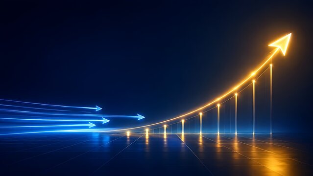 Vibrant glowing arrow graph depicting financial business growth and market success with swift blue arrows on a futuristic dark background.