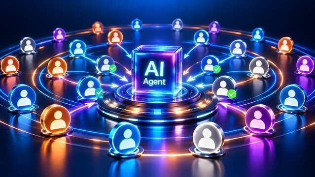 Glowing AI agent block at the center of a circular user network representing centralized customer data aggregation and artificial intelligence audience management