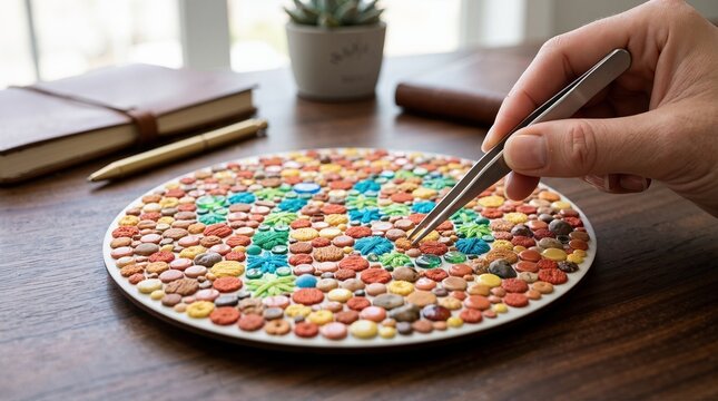 Hand using tweezers to place a dot on a color blindness test board. Precision work on a vision screening tool